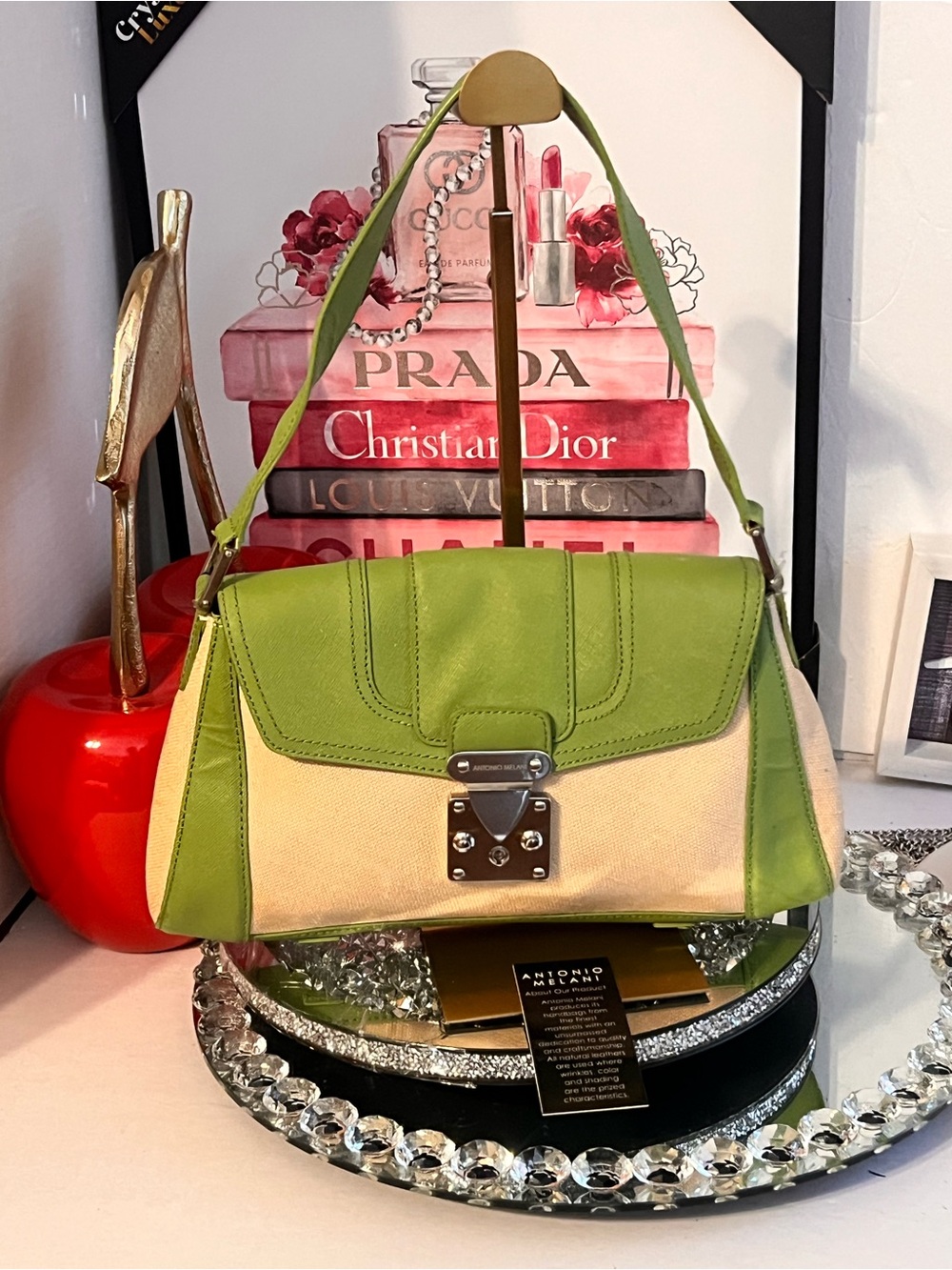 ANTONIO MELANI NWOT Green and Beige Canvas Shoulder Bag with Silver Hardware